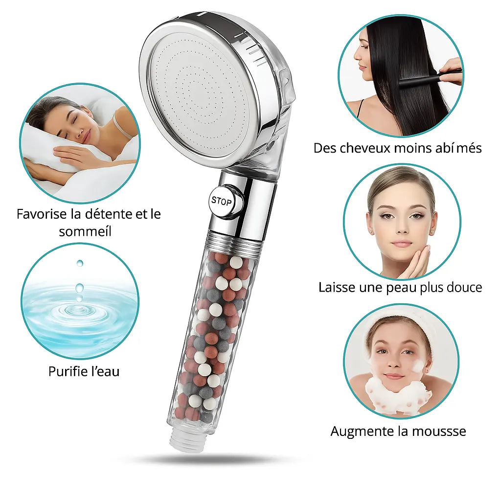 Pommeau de Douche Filtrant Minéral — Peau Douce & Anti-Calcaire